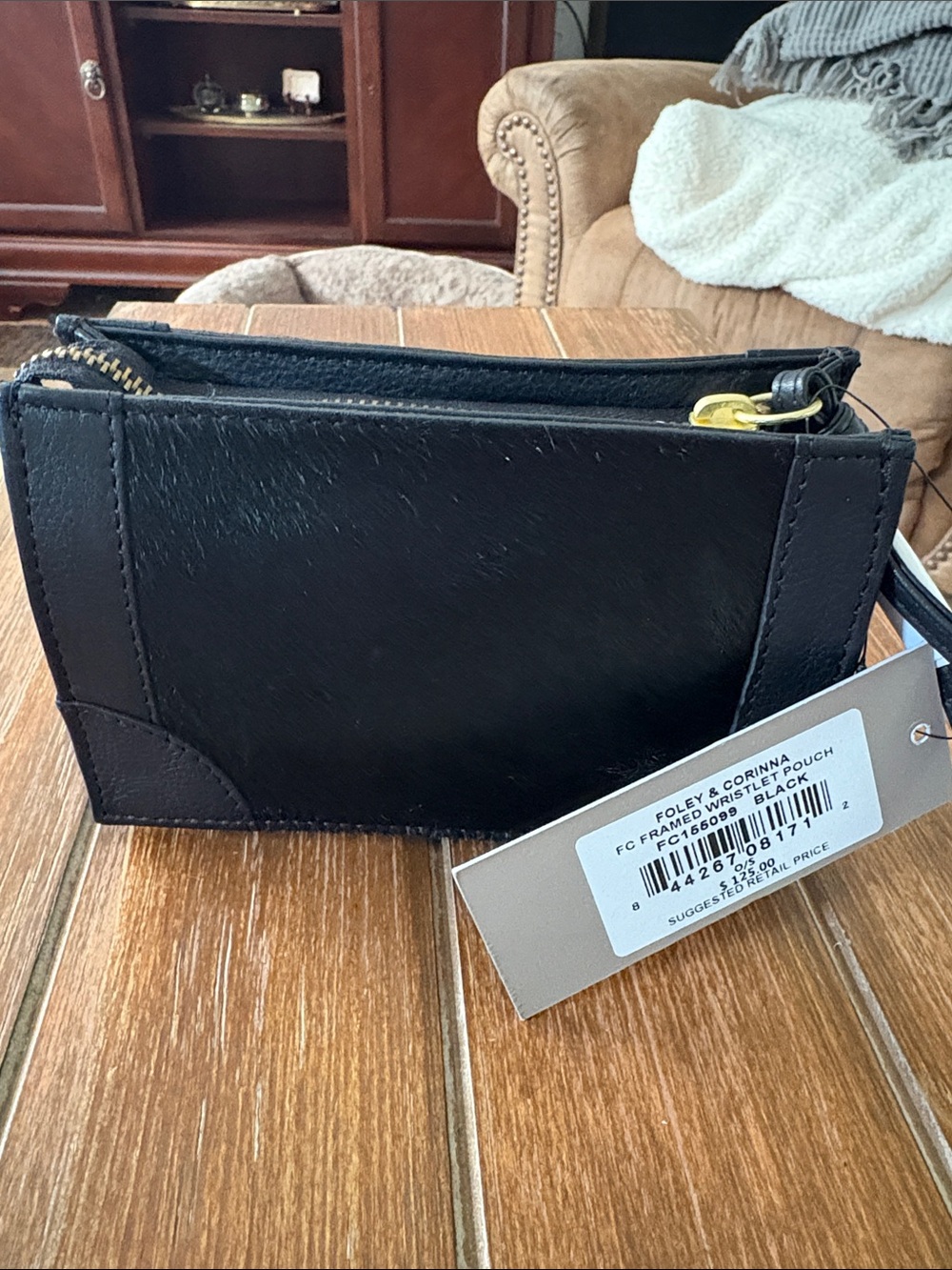 Foley + Corinna Black Leather Wristlet with Gold-Tone Zip